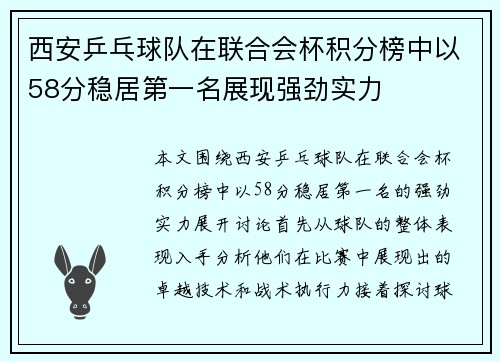 西安乒乓球队在联合会杯积分榜中以58分稳居第一名展现强劲实力